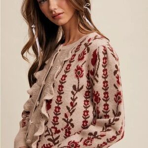 Chic Beige and Red Floral Women's Cardigan
